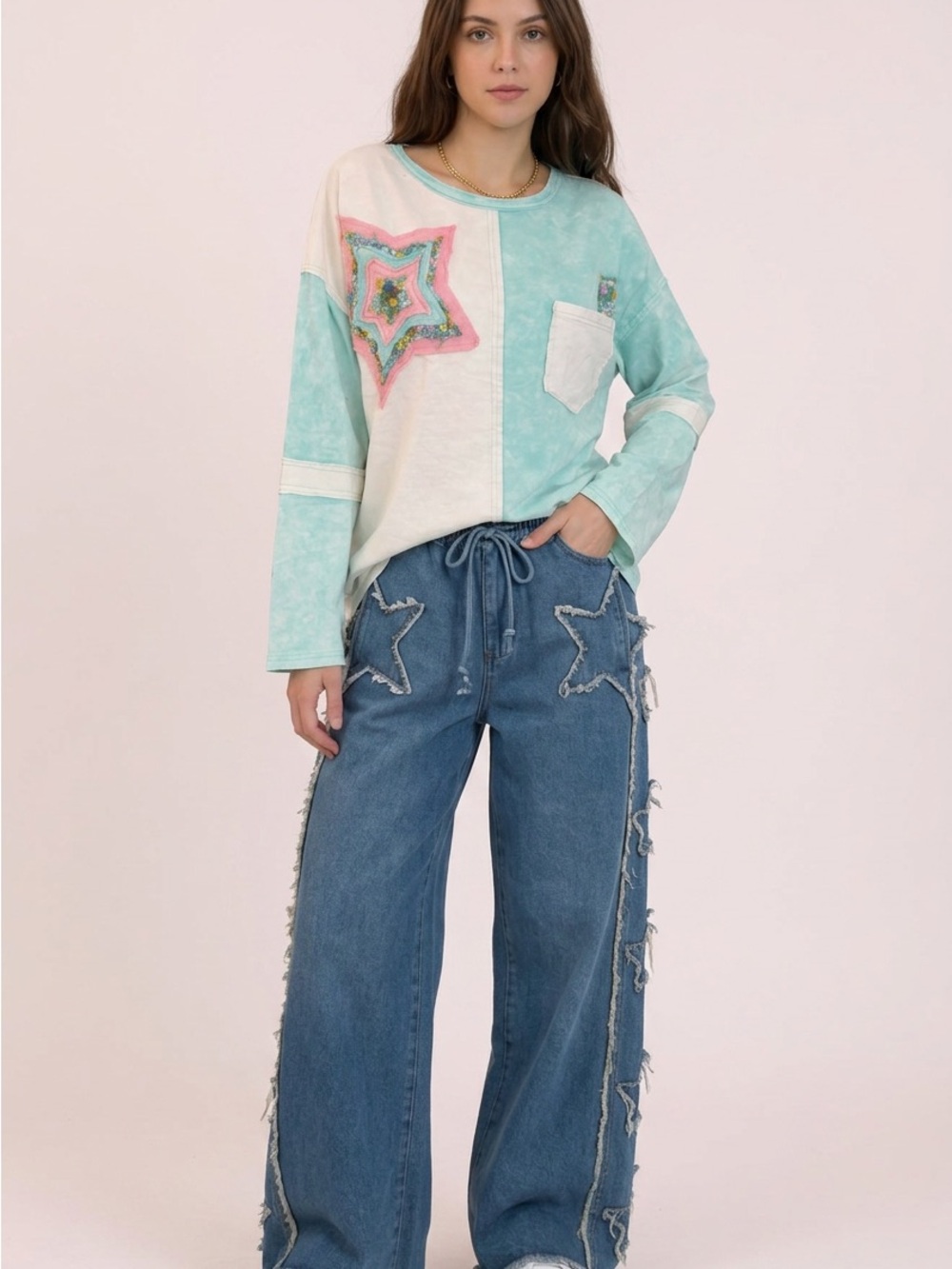Sage & Fig Embroidered Star Mineral Washed Teal & Pink Long Sleeve Top